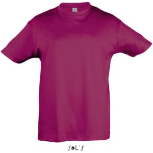 A magenta T-shirt made from 100% semi-combed ring-spun cotton, featuring a logo.