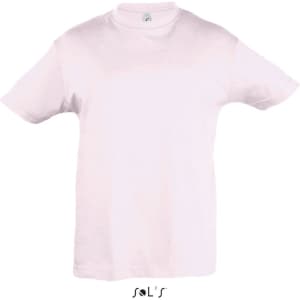 A pink T-shirt made from 100% semi-combed ring spun cotton, featuring a logo.