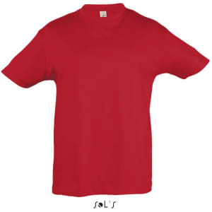 A red T-shirt for kids made of 100% semi-combed ring-spun cotton, featuring a logo at the bottom.