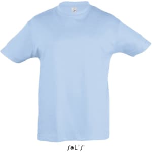 A light blue children's T-shirt made from 100% semi-combed ring spun cotton, featuring a logo.