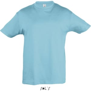 A light blue children's T-shirt made of 100% semi-combed ring spun cotton. It features a logo.