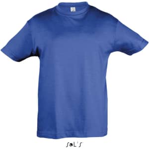 A blue T-shirt for kids made of 100% semi-combed ring-spun cotton, featuring a branding logo.