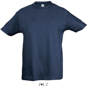 A navy blue children's T-shirt made from 100% semi-combed ring-spun cotton, featuring a logo.