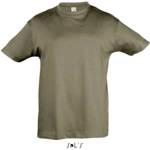 A children's T-shirt in olive green made from 100% semi-combed ring spun cotton, featuring a logo.