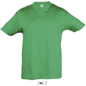 A green T-shirt made from 100% semi-combed ring spun cotton, featuring a logo.