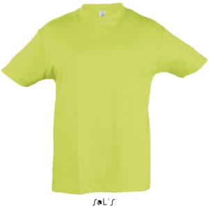 A bright neon yellow T-shirt for kids, made from 100% semi-combed ring spun cotton, featuring a logo.