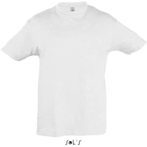 A white children's T-shirt made from 100% semi-combed ring spun cotton, featuring a logo.