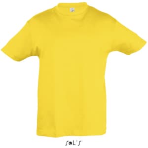 A yellow T-shirt made from 100% semi-combed ring-spun cotton, featuring a logo.
