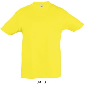 A yellow T-shirt made of 100% semi-combed ring spun cotton, featuring a logo.
