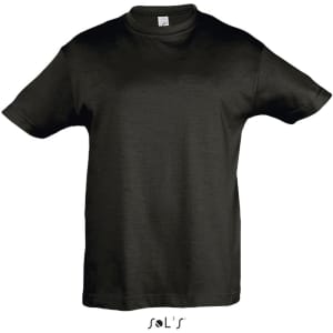 A black T-shirt made of 100% semi-combed ring-spun cotton, featuring a logo at the bottom.
