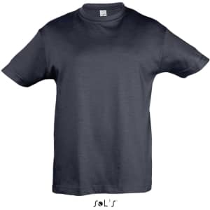A navy blue T-shirt for kids made of 100% semi-combed ring spun cotton, featuring a logo.
