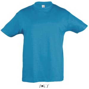 A blue T-shirt made of 100% semi-combed ring-spun cotton, featuring a logo on the front.