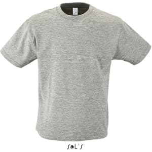 A grey T-shirt made from 100% semi-combed ring-spun cotton, featuring a logo.