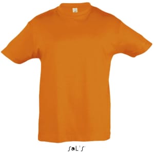 A bright orange kids' T-shirt made of 100% semi-combed ring spun cotton, featuring a logo.