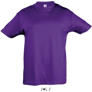 A purple T-shirt made from 100% semi-combed ring spun cotton, featuring a logo.