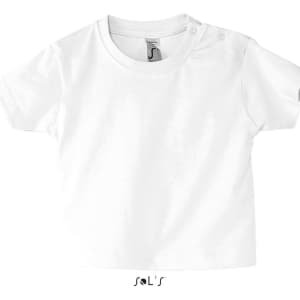 A white baby T-shirt made from 100% semi combed ring spun cotton, featuring a button closure and a logo.