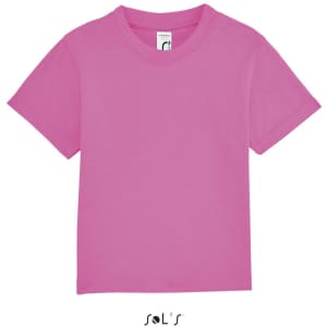 A pink baby-sized T-shirt made from 100% semi-combed ring spun cotton, featuring a logo at the bottom.