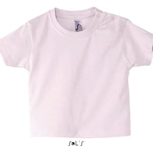 A light pink baby T-shirt made from 100% semi-combed ring-spun cotton, featuring a logo on the neck area.