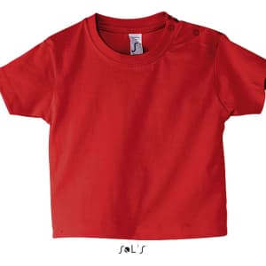 A red baby-sized T-shirt made of 100% semi-combed ring-spun cotton, featuring a snap-button detail and a logo.