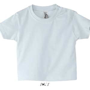 A light blue baby-sized T-shirt made from 100% semi-combed ring spun cotton, featuring a logo.
