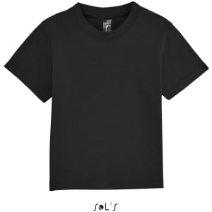 A black baby T-shirt made from 100% semi-combed ring spun cotton, featuring a logo on the label.