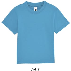 A baby-sized T-shirt in a soft blue hue, made from 100% semi-combed ring-spun cotton, featuring a logo.