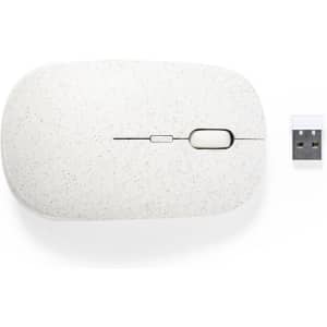 A computer mouse in a speckled white finish, accompanied by a USB receiver. The mouse has a sleek, rounded design.