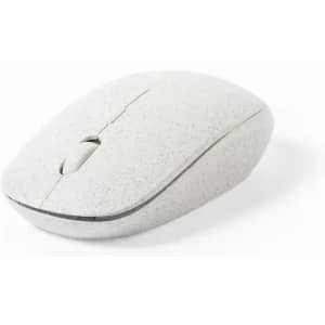 A computer mouse in a light grey speckled design, featuring a scroll wheel and smooth shape.