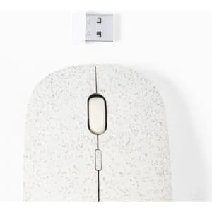 A wireless mouse in a light grey speckled design alongside a USB receiver.