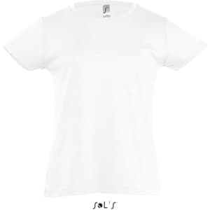 A white children's T-shirt for girls, available in sizes 2 to 12, featuring a logo.
