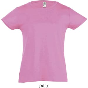 A pink children's T-shirt for girls, available in sizes 2 to 12, featuring a logo.