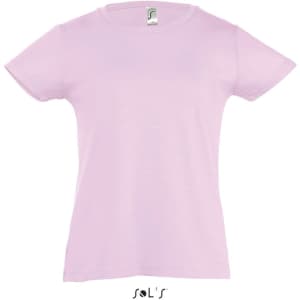 A pink children's T-shirt in sizes 2 to 12, featuring a label and a simple design.