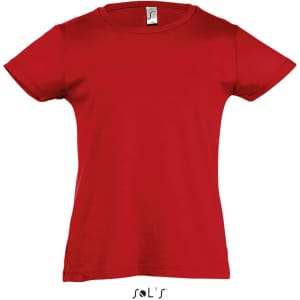 A red children's T-shirt in sizes 2 to 12, featuring a logo on the bottom.