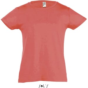 A children's t-shirt in a cherry colour, featuring short sleeves and a round neckline. It has a brand logo on the label.