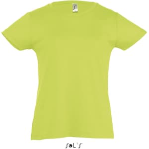 A bright lime green T-shirt for girls, available in sizes 2 to 12, featuring a label and a brand logo.