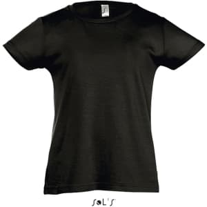 A black children's T-shirt in girls' sizes 2 to 12, featuring a label and plain design.