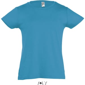 A girls' T-shirt in bright blue, suitable for sizes 2 to 12, featuring a tag with a logo.