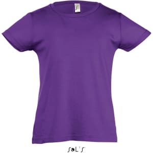 A purple children's T-shirt for girls, available in sizes 2 to 12, featuring a logo on the label.