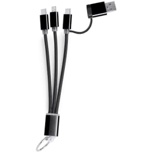 A charging cable with multiple connectors in black. It features a keyring for easy attachment.