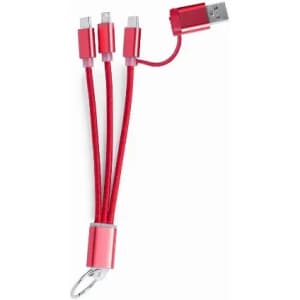 A red multi-connector charging cable with three connectors and a keyring attachment.
