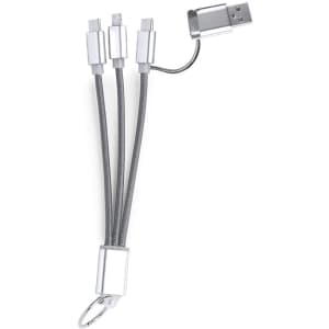 A charging cable with three connectors in silver, featuring a keyring attachment for easy portability.