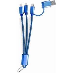 A multi-charging cable with three connectors, featuring a sleek blue design and a keyring attachment.