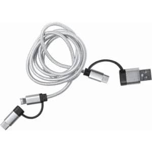 A charging cable with a silver braided design and multiple connectors, including a USB and micro USB.