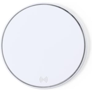 A wireless charging pad in white with a sleek round design, featuring a subtle logo on the base.