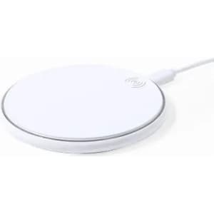 A wireless charger in a circular design, featuring a white surface with a thin silver edge.