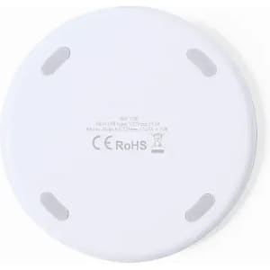A wireless charging pad in white with rubberised feet to prevent slipping, featuring a logo on the surface.