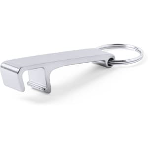 A keyring bottle opener in a sleek silver finish, designed for easy opening of bottles.