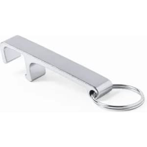 A silver bottle opener attached to a keyring, featuring a simple and sleek design.