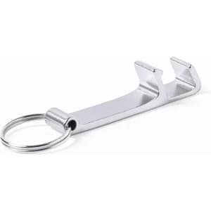 A silver metal keychain with a hook design, featuring a ring for attaching keys.