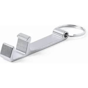 A silver keychain tool with a hook shape, designed for handling touchless surfaces.